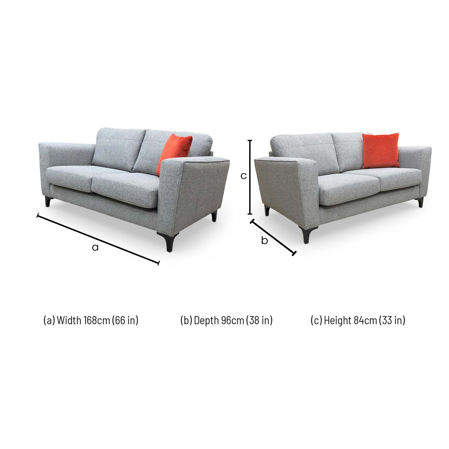 Dimensions for the Thornbrook ‘Lille’ Ashley Silver Fabric Formal Back 2 Seater Sofa.