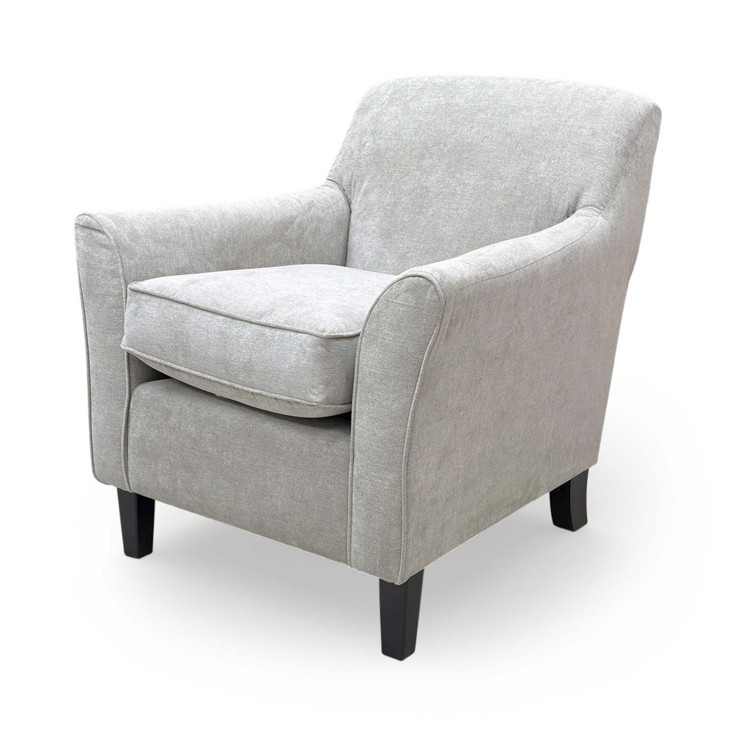 Side view of the Hammond Kiera accent chair showing the seamless grey fabric coverage and uniform finish.