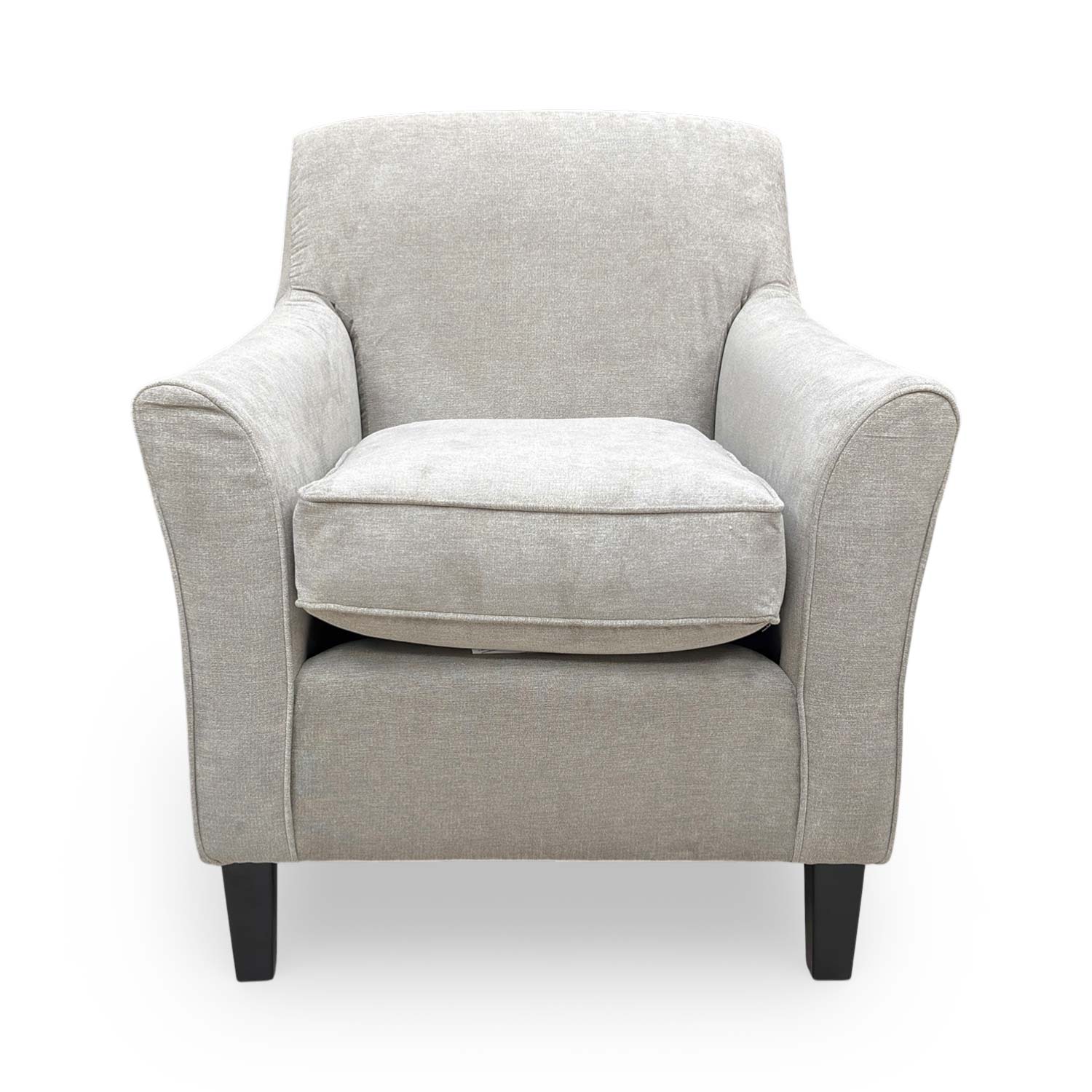 Front view of the Thornbrook ‘Hammond’ Kiera grey fabric accent chair showing its contemporary silhouette.