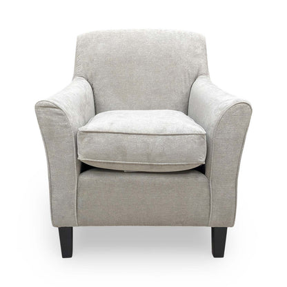 Front view of the Thornbrook ‘Hammond’ Kiera grey fabric accent chair showing its contemporary silhouette.