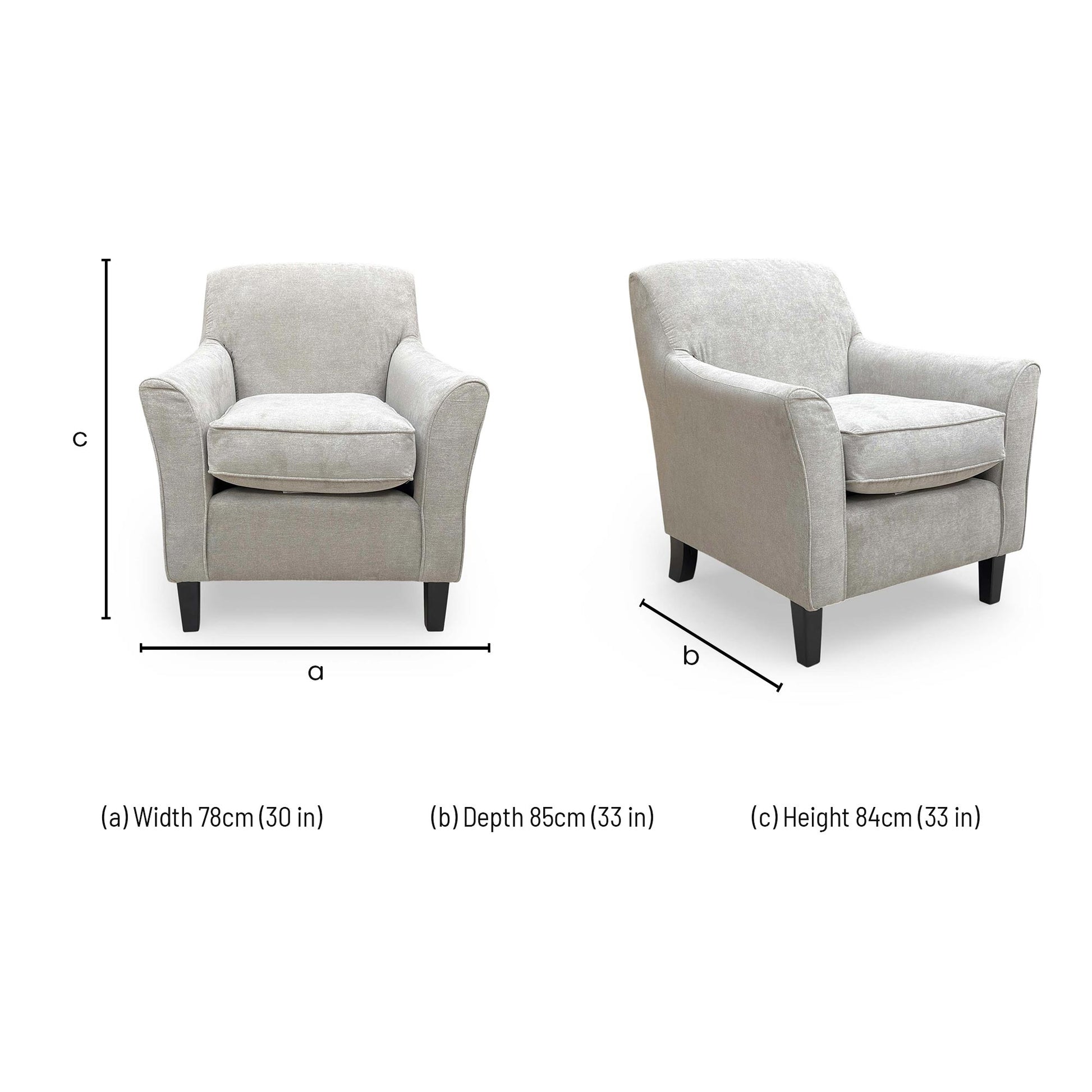 Dimensions for the Thornbrook ‘Hammond’ Kiera Grey Fabric Accent Chair.