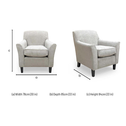 Dimensions for the Thornbrook ‘Hammond’ Kiera Grey Fabric Accent Chair.