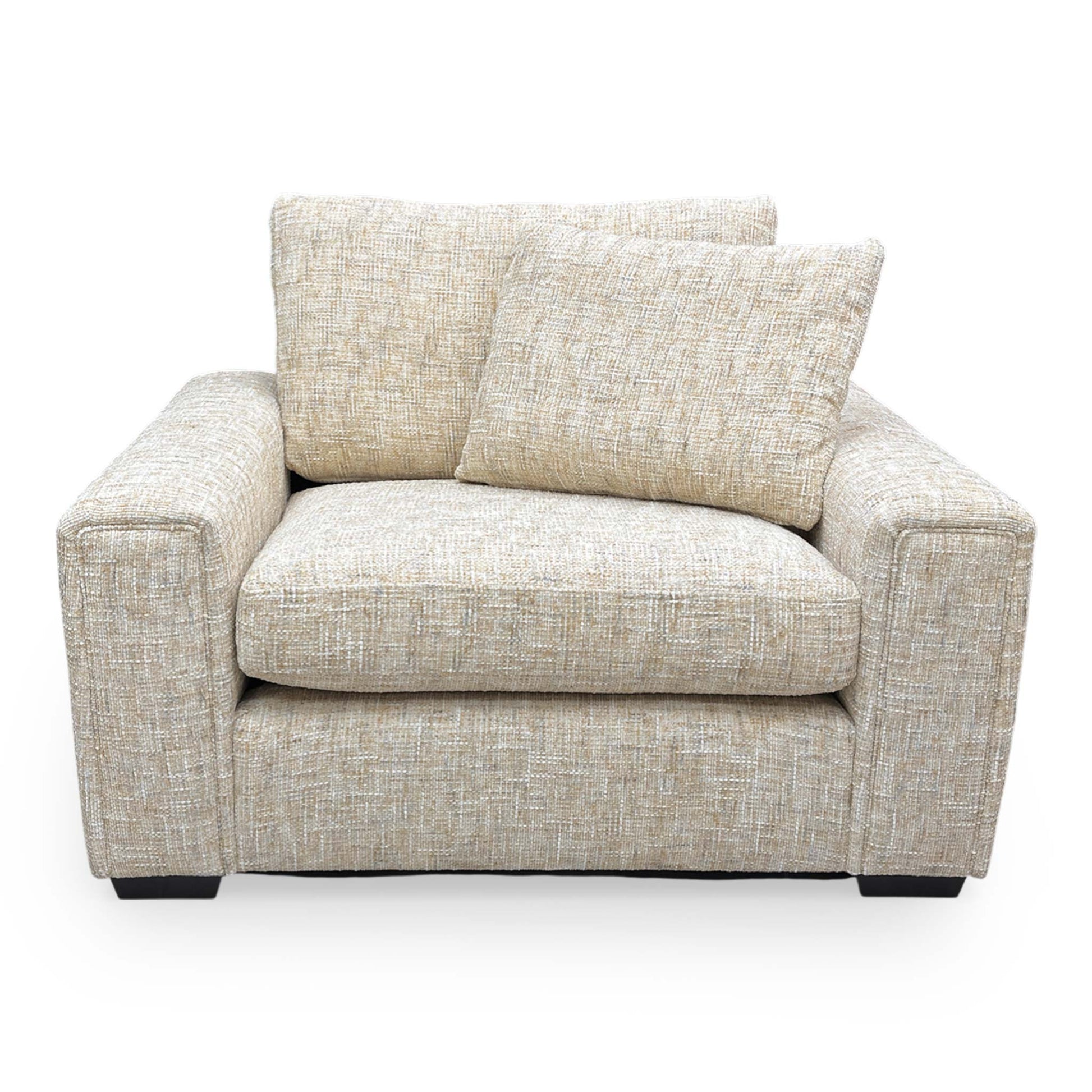 Front view of the Thornbrook ‘Burton’ Odyssey love chair in Marzipan Cream woven fabric.