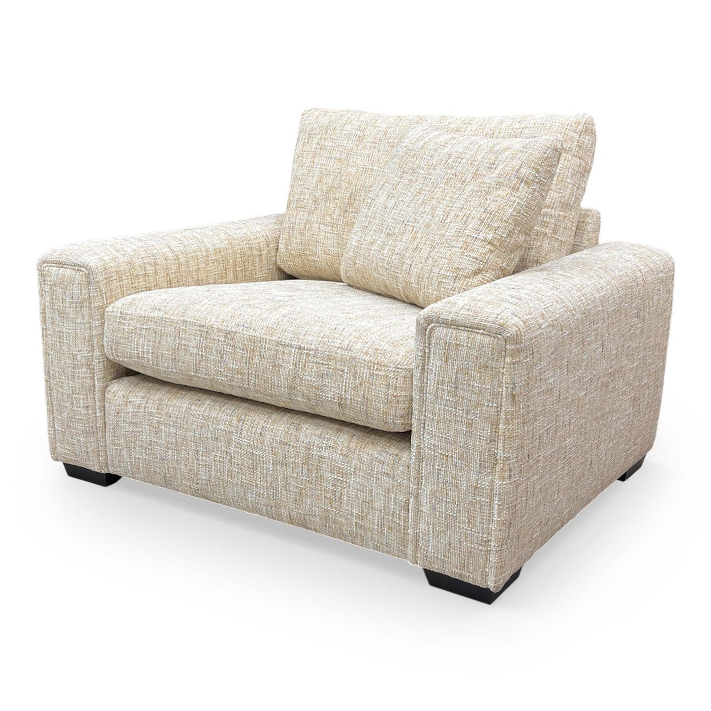 Side profile of the ‘Burton’ Odyssey love chair showcasing the curved silhouette and thick cushioning.