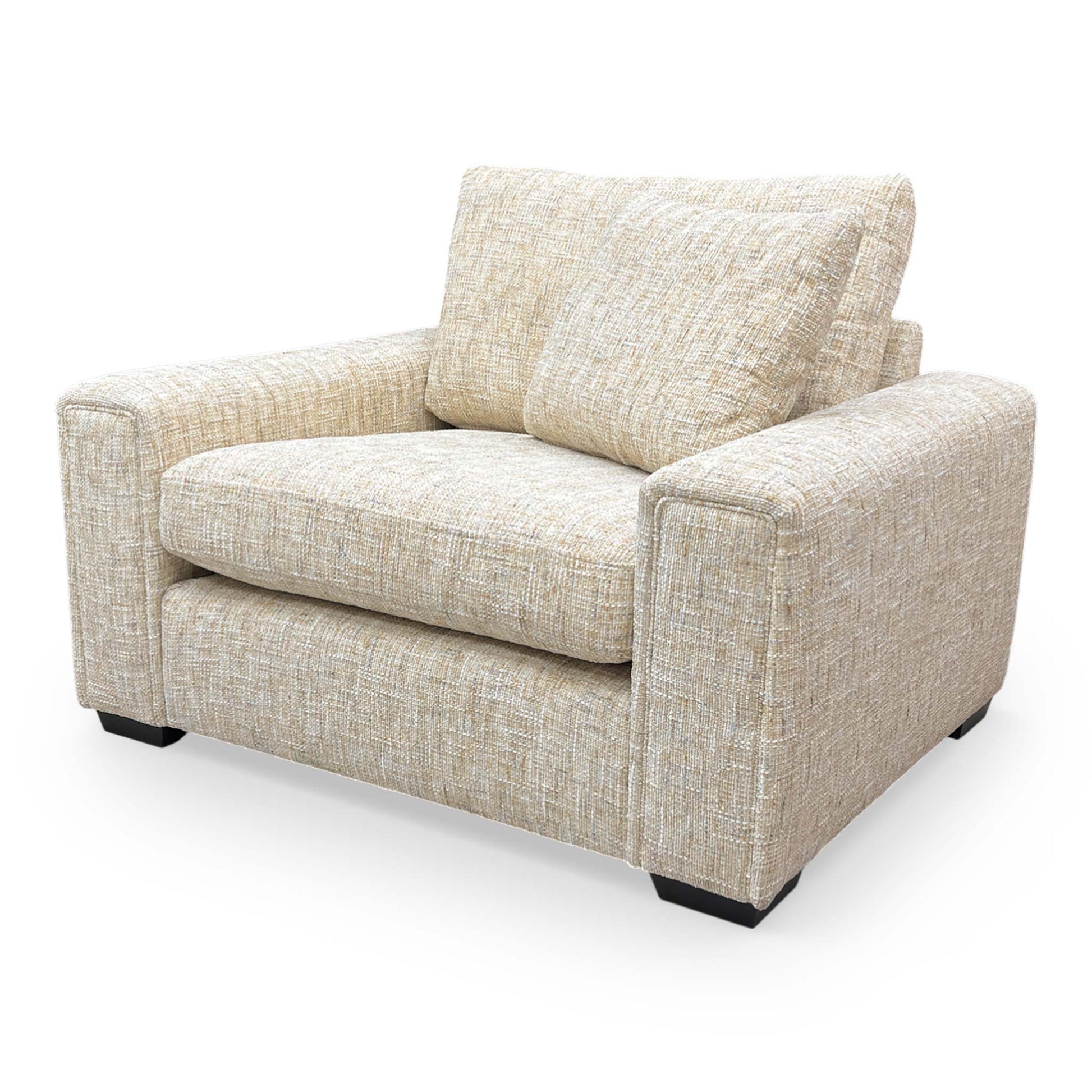 Side profile of the ‘Burton’ Odyssey love chair showcasing the curved silhouette and thick cushioning.