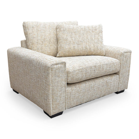 Full view of the Thornbrook ‘Burton’ Odyssey love chair in Marzipan Cream woven fabric.