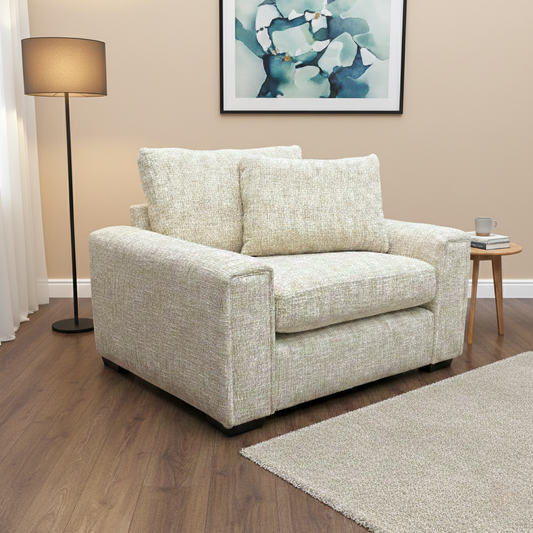 Living Room angle of the Marzipan Cream 2-seater love chair, highlighting its deep seat and plush design.