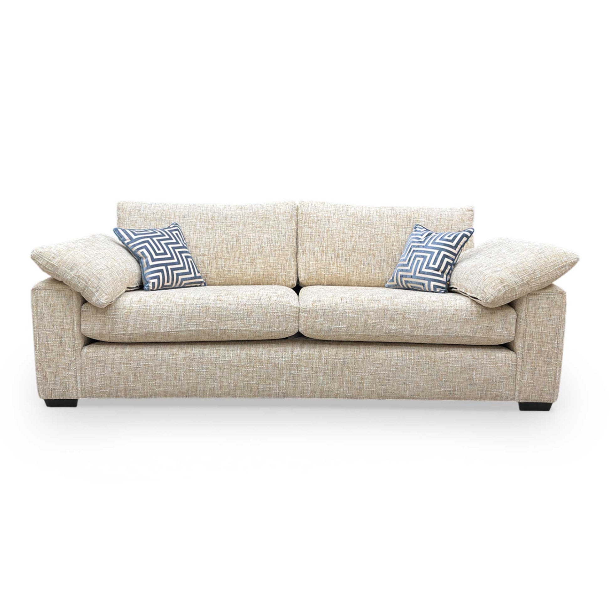Front view of the Thornbrook ‘Burton’ Odyssey 4-seater formal back sofa in marzipan cream woven fabric.