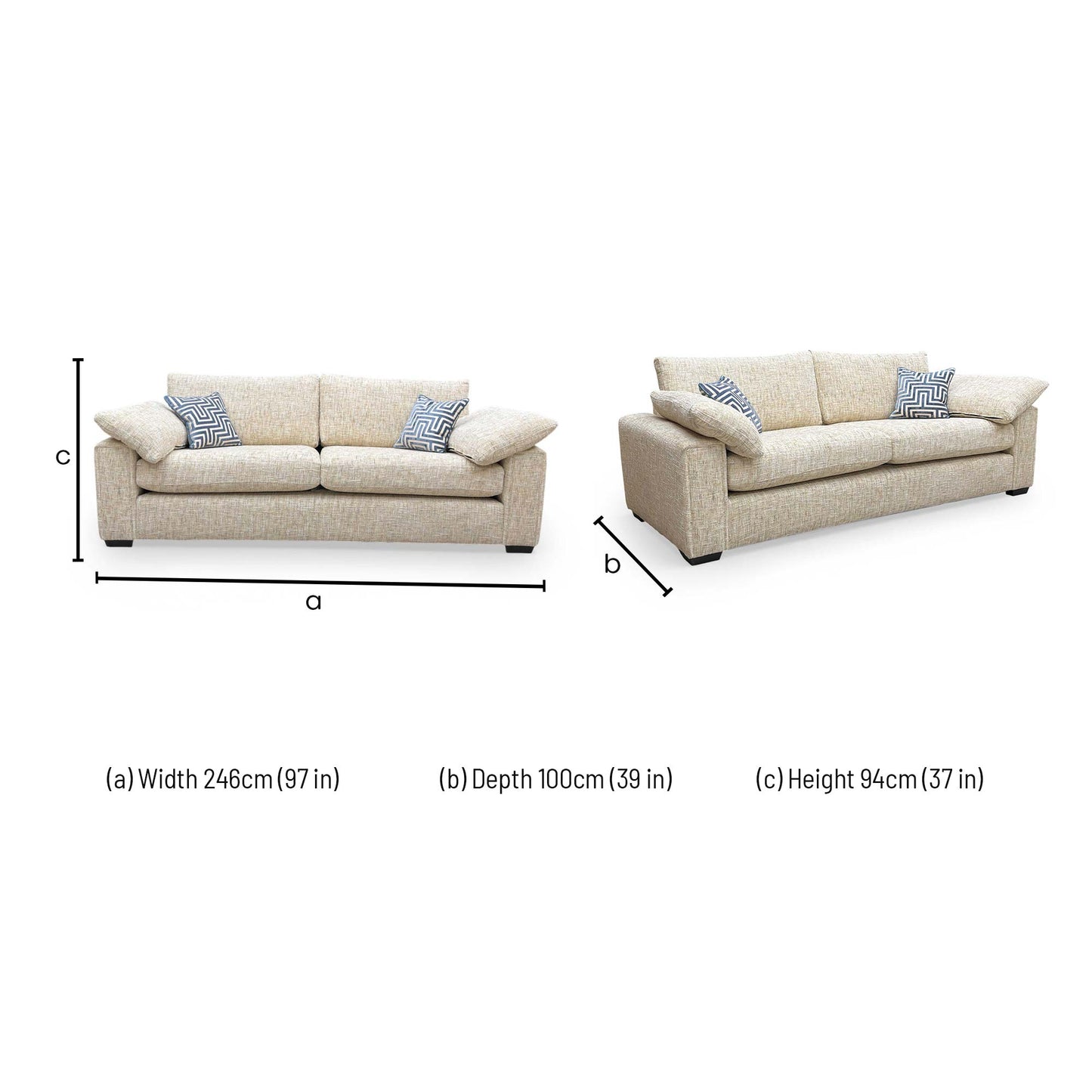 Dimensions for the Thornbrook ‘Burton’ Odyssey Marzipan Cream Woven Fabric Formal Back 4 Seater Sofa.