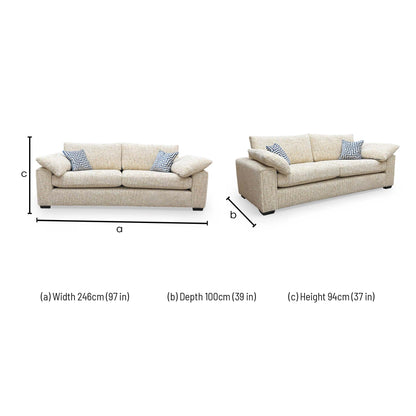 Dimensions for the Thornbrook ‘Burton’ Odyssey Marzipan Cream Woven Fabric Formal Back 4 Seater Sofa.