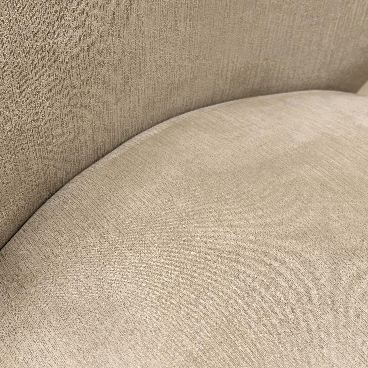 Close-up of the luxurious satin taupe upholstery fabric, showcasing the fine texture and neutral tone.