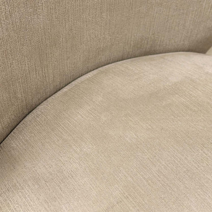 Close-up of the luxurious satin taupe upholstery fabric, showcasing the fine texture and neutral tone.