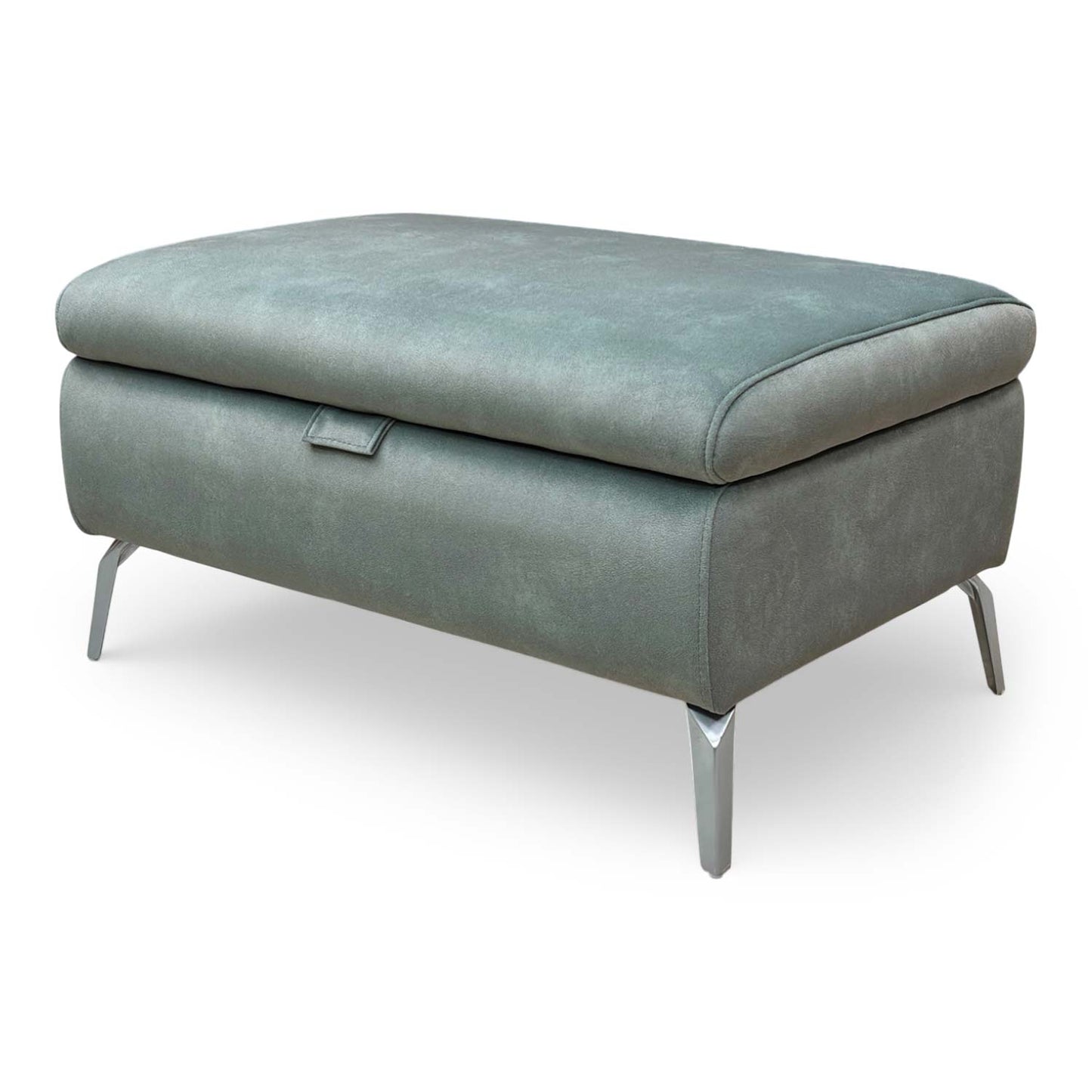 Side view of the Daytona storage footstool showing the plush velvet texture and sturdy low-profile base.