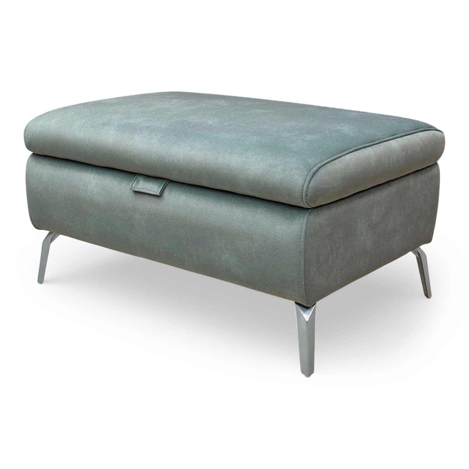 Side view of the Daytona storage footstool showing the plush velvet texture and sturdy low-profile base.