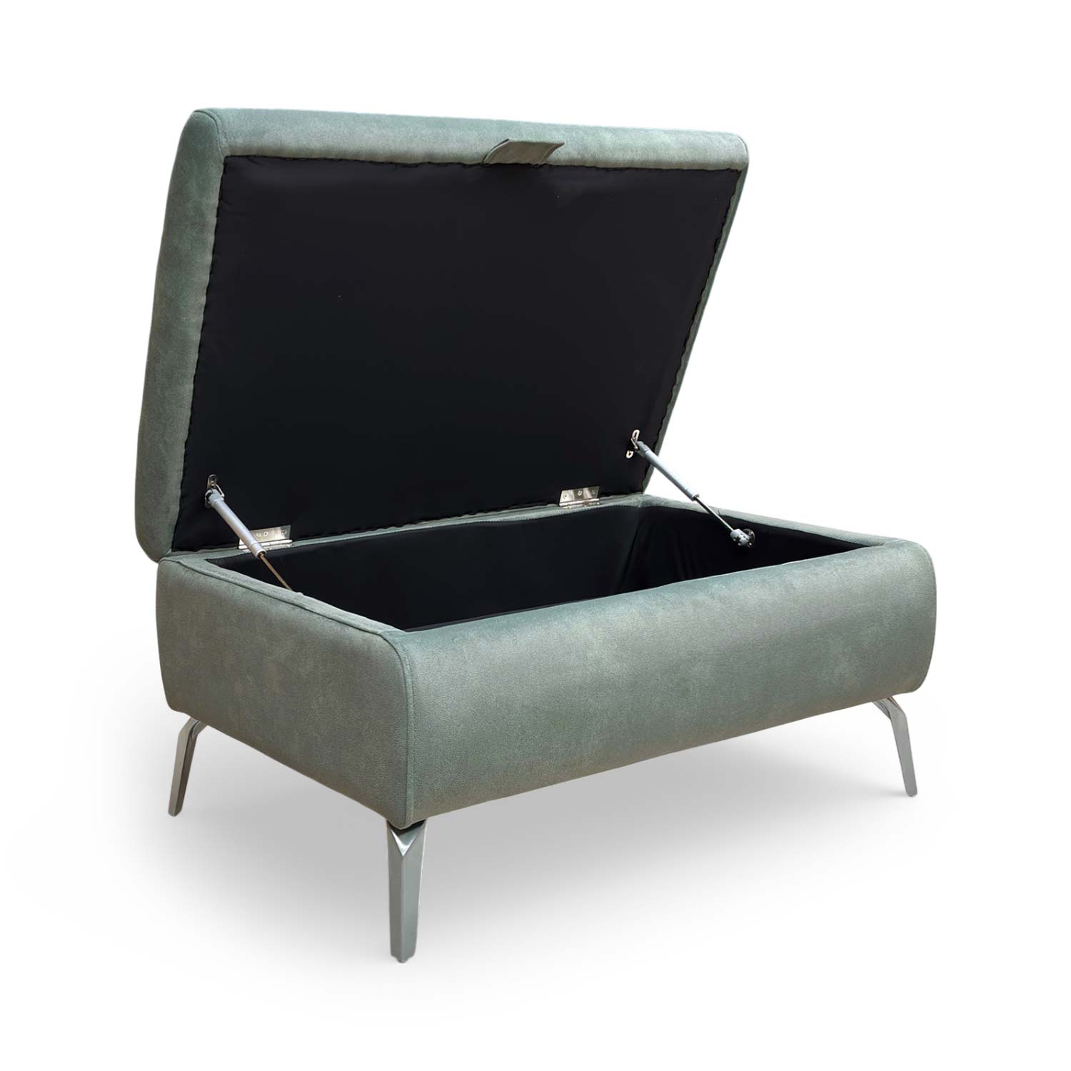 View of the storage footstool with the lid open, showcasing the spacious internal compartment.