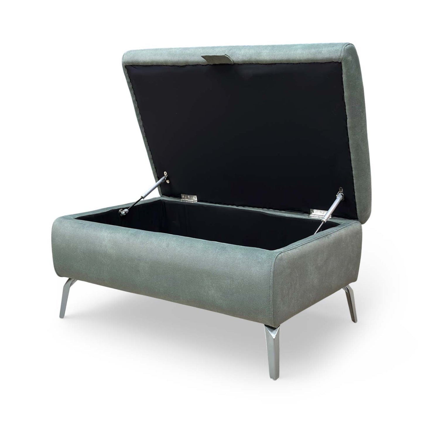 Front view of the Daytona storage footstool showing the plush velvet texture and sturdy low-profile base.