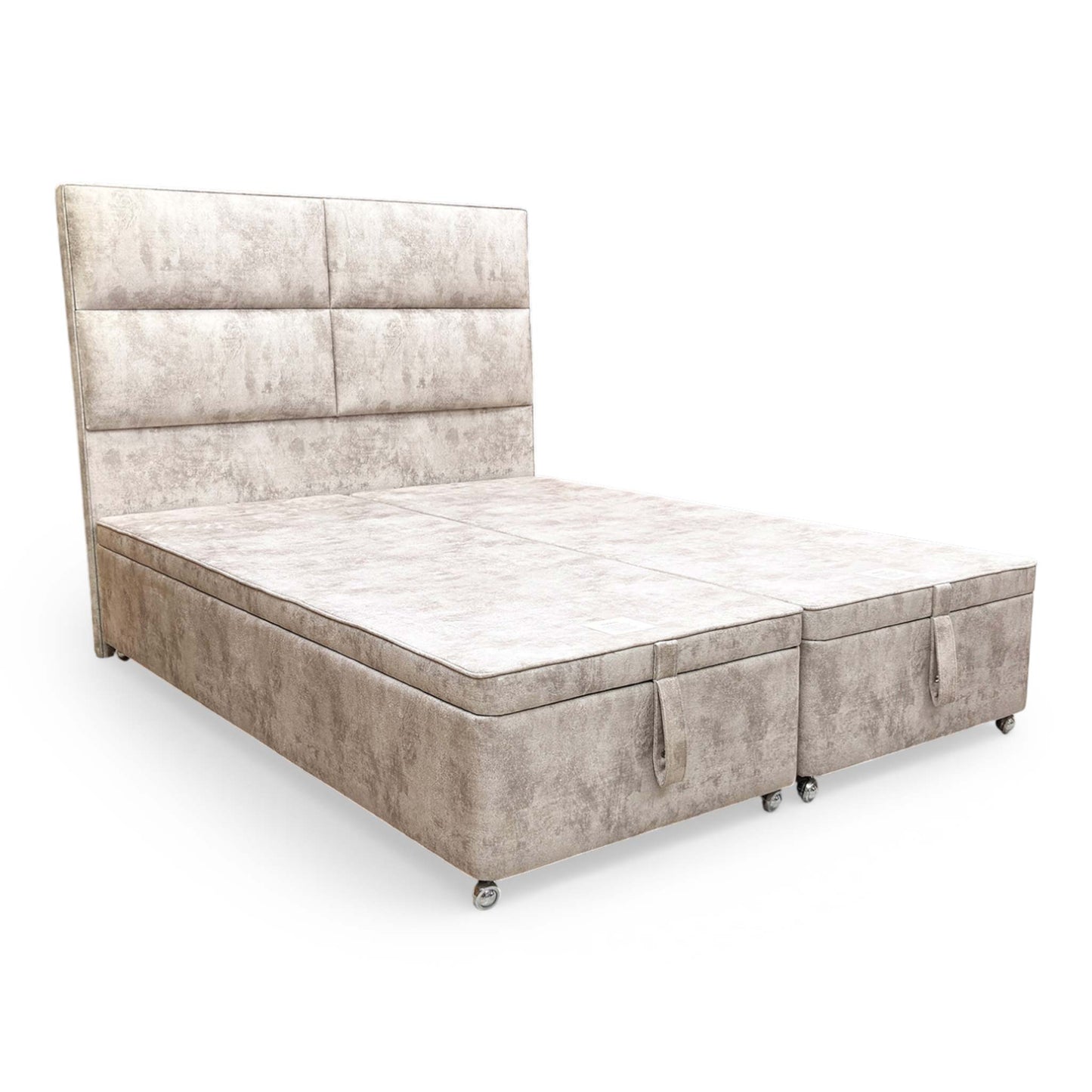 Angle view of the bed frame, highlighting the sleek design and sturdy construction of the ottoman base.