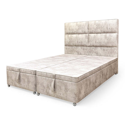Side profile of the king size bed, showing the height of the floor-standing headboard and the streamlined ottoman base.