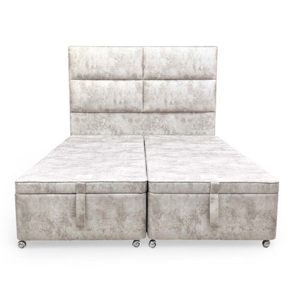 Front view of the Sleep Story ‘Cadmore’ King Size Bed featuring a floor-standing headboard upholstered in luxurious dapple brown velvet.