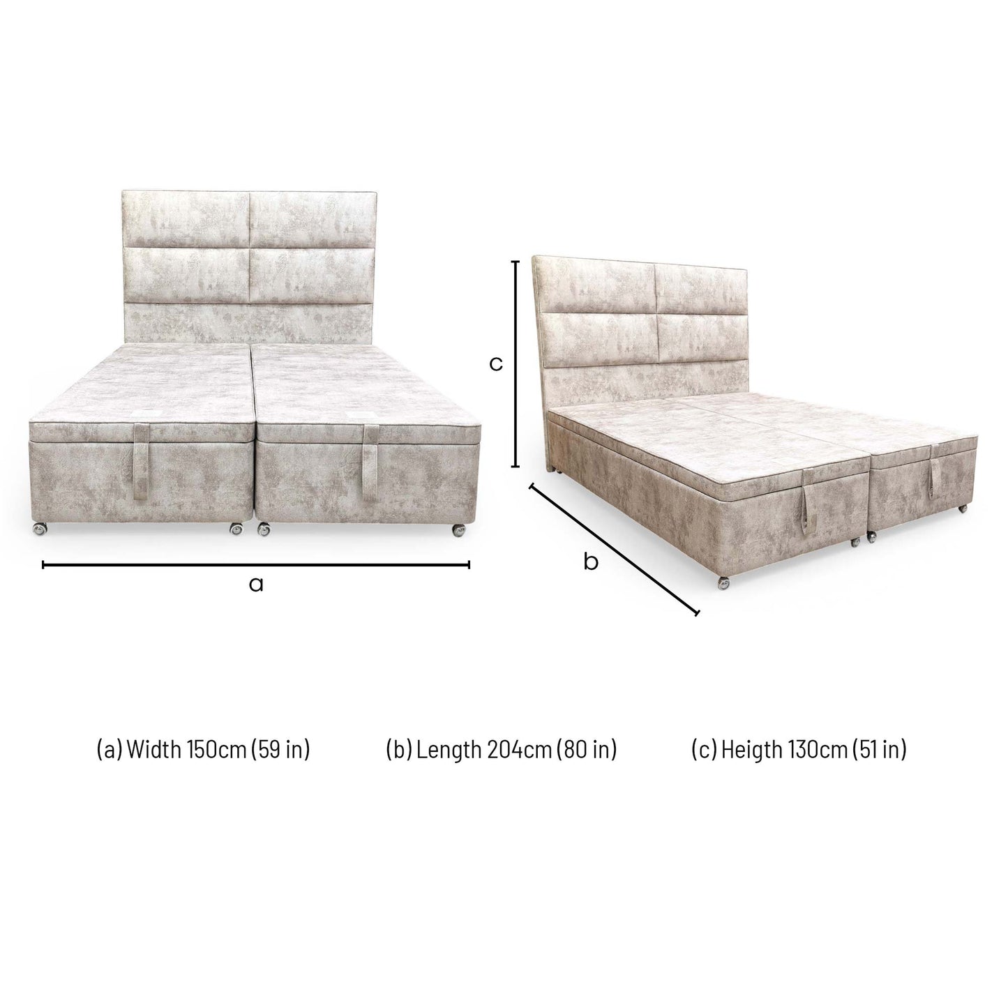 Dimensions for the Sleep Story ‘Cadmore’ Dapple Brown Velvet Floor Standing Headboard + Double End Lift Ottoman Base - King