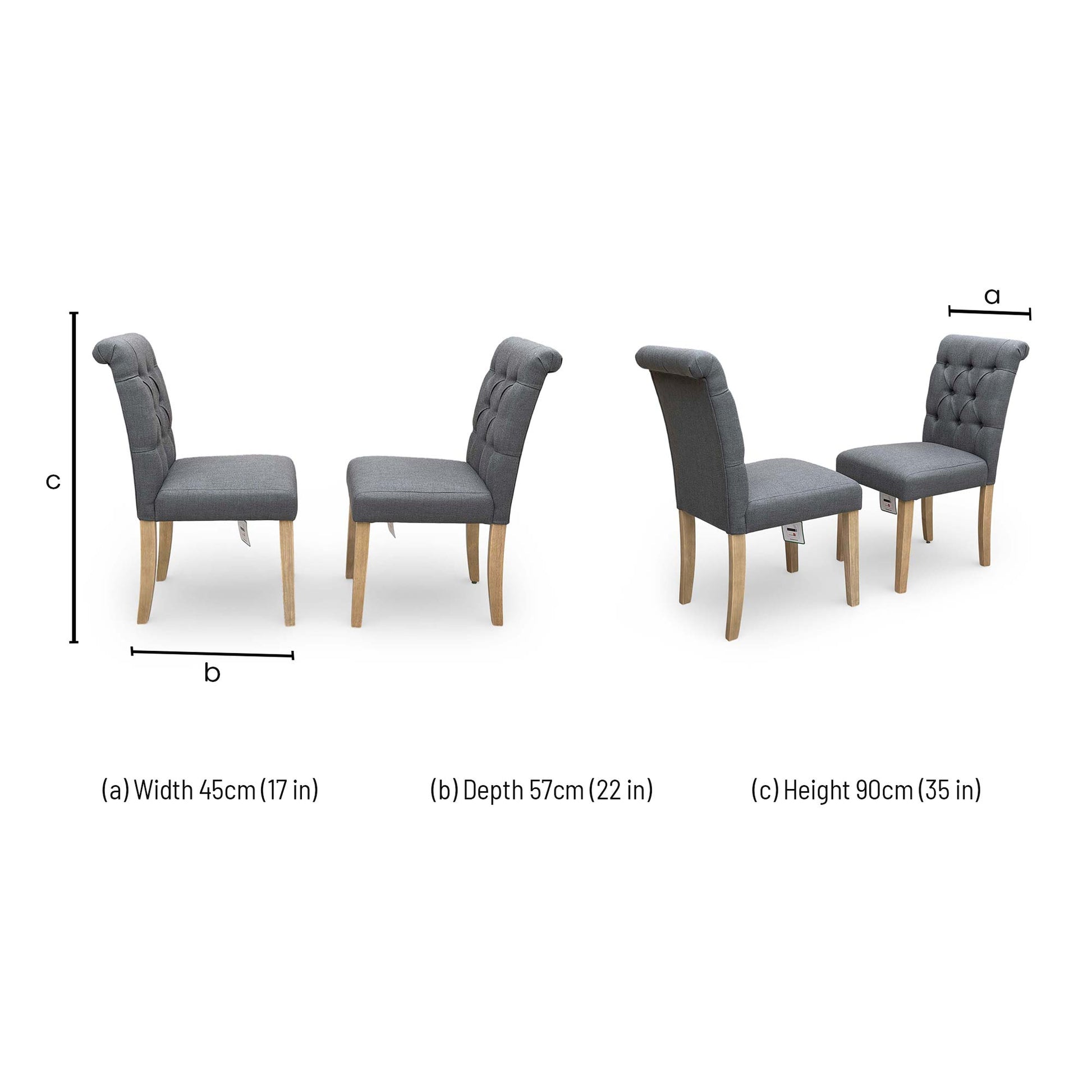 Dimensions for the ‘Lewis’ Anthracite Fabric Button Back Roll Back Fixed Dining Chairs.