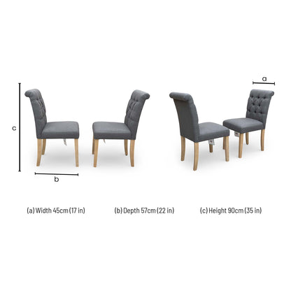 Dimensions for the ‘Lewis’ Anthracite Fabric Button Back Roll Back Fixed Dining Chairs.