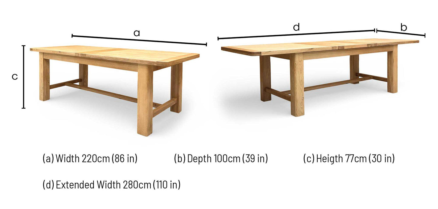 Furnitureland ‘Augusta’ Solid Oak Large 220cm Rectangular Extending Dining Table with Clay Fabric Set of 6 Wooden Slatted Back Chairs Furniture Village