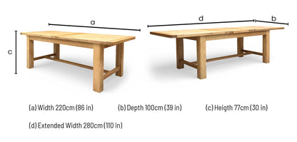 Furnitureland ‘Augusta’ Solid Oak Large 220cm Rectangular Extending Dining Table with Clay Fabric Set of 6 Wooden Slatted Back Chairs Furniture Village