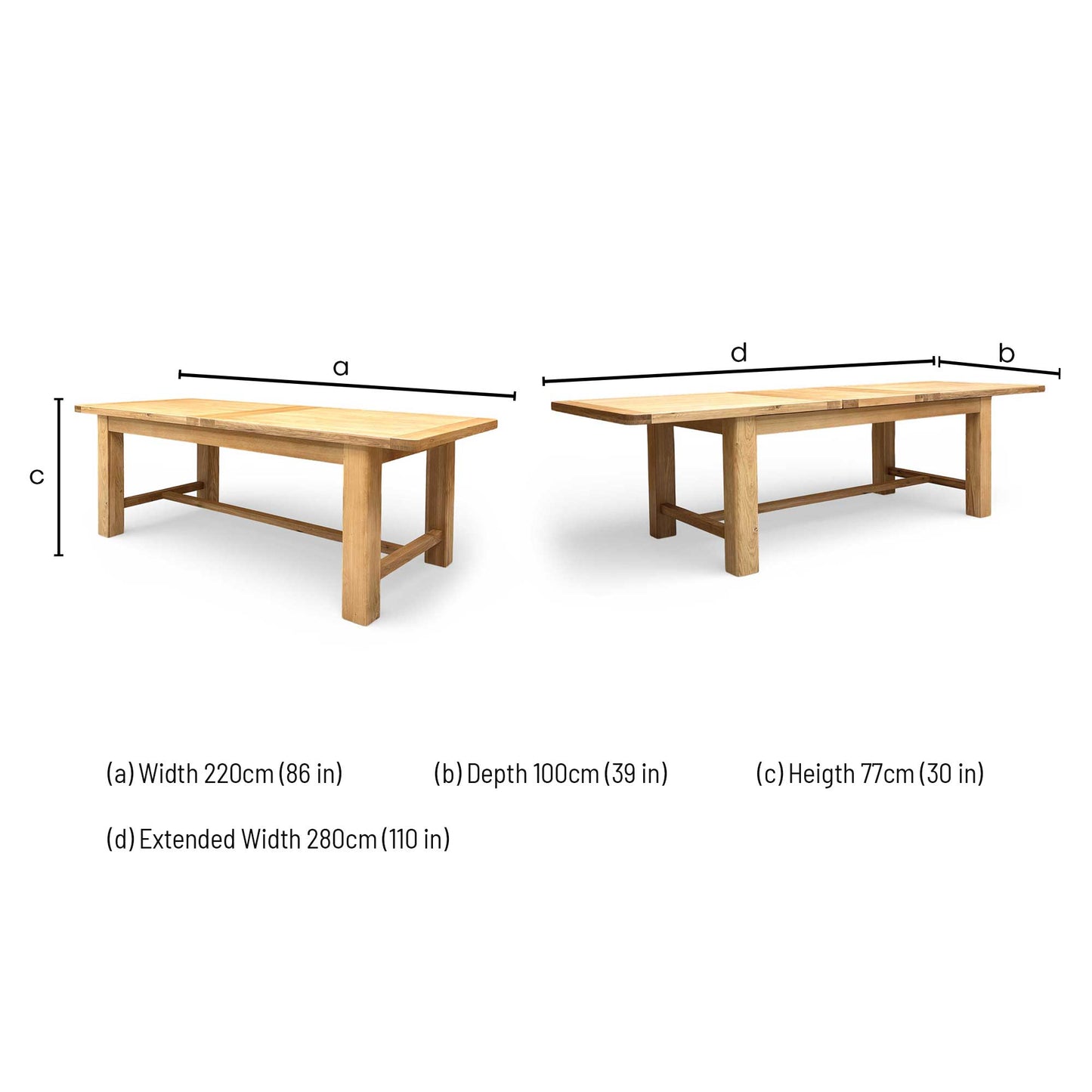 Dimensions for the Furnitureland ‘Augusta’ Solid Oak Large 220cm Rectangular Extending Dining Table