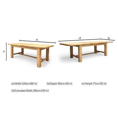 Dimensions for the Furnitureland ‘Augusta’ Solid Oak Large 220cm Rectangular Extending Dining Table
