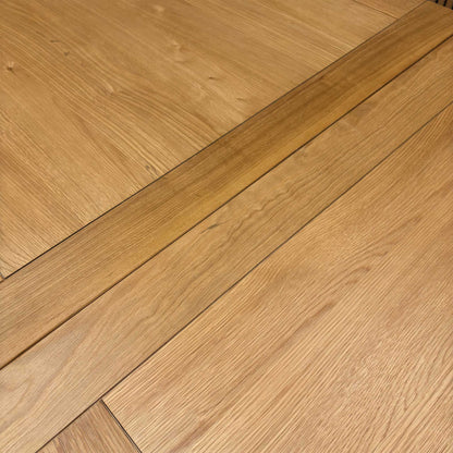 Furnitureland ‘Augusta’ Solid Oak Large 220cm Rectangular Extending Dining Table with Clay Fabric Set of 6 Wooden Slatted Back Chairs Furniture Village