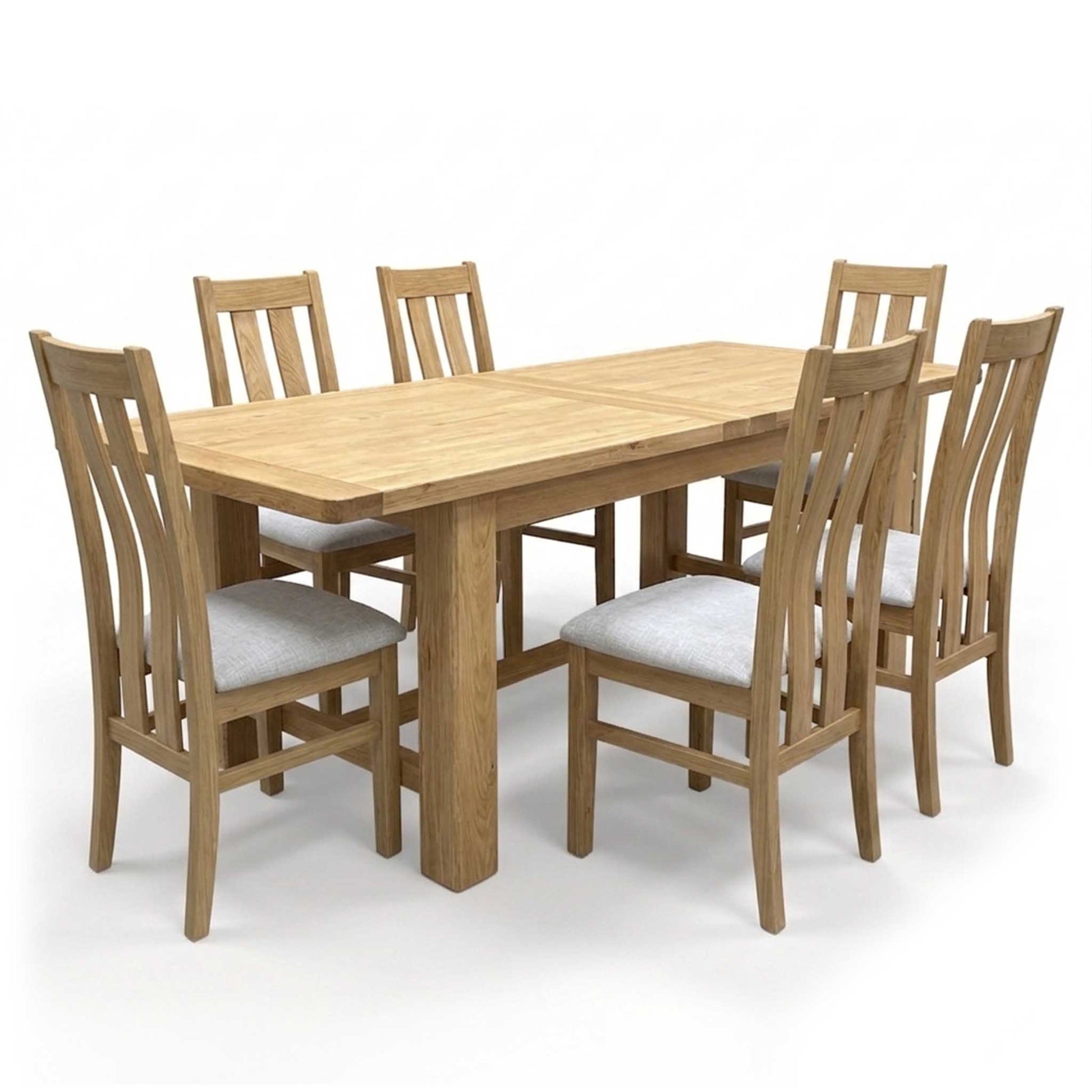 Furnitureland ‘Augusta’ Solid Oak Large 220cm Rectangular Extending Dining Table with Clay Fabric Set of 6 Wooden Slatted Back Chairs Furniture Village