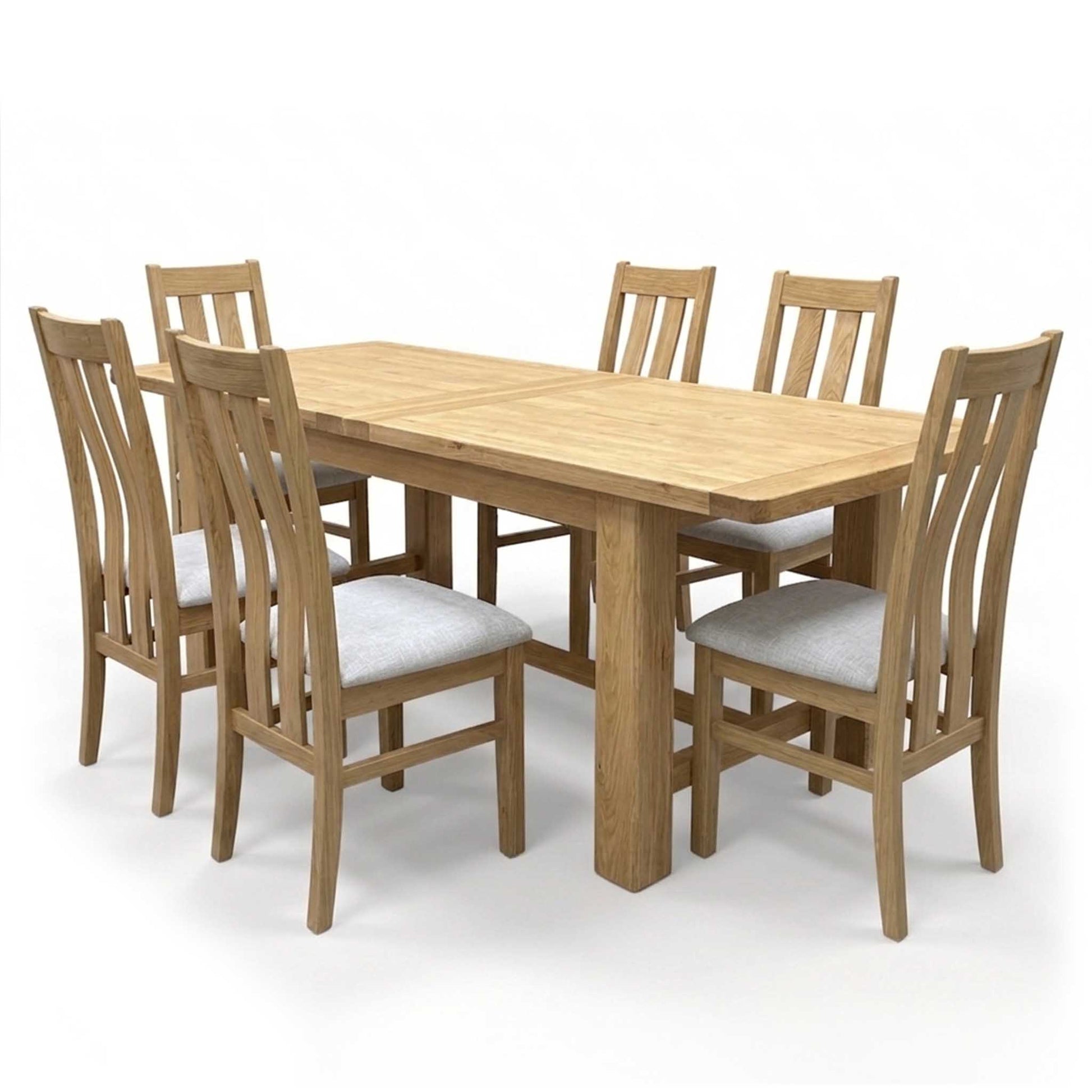 Furnitureland ‘Augusta’ Solid Oak Large 220cm Rectangular Extending Dining Table with Clay Fabric Set of 6 Wooden Slatted Back Chairs Furniture Village