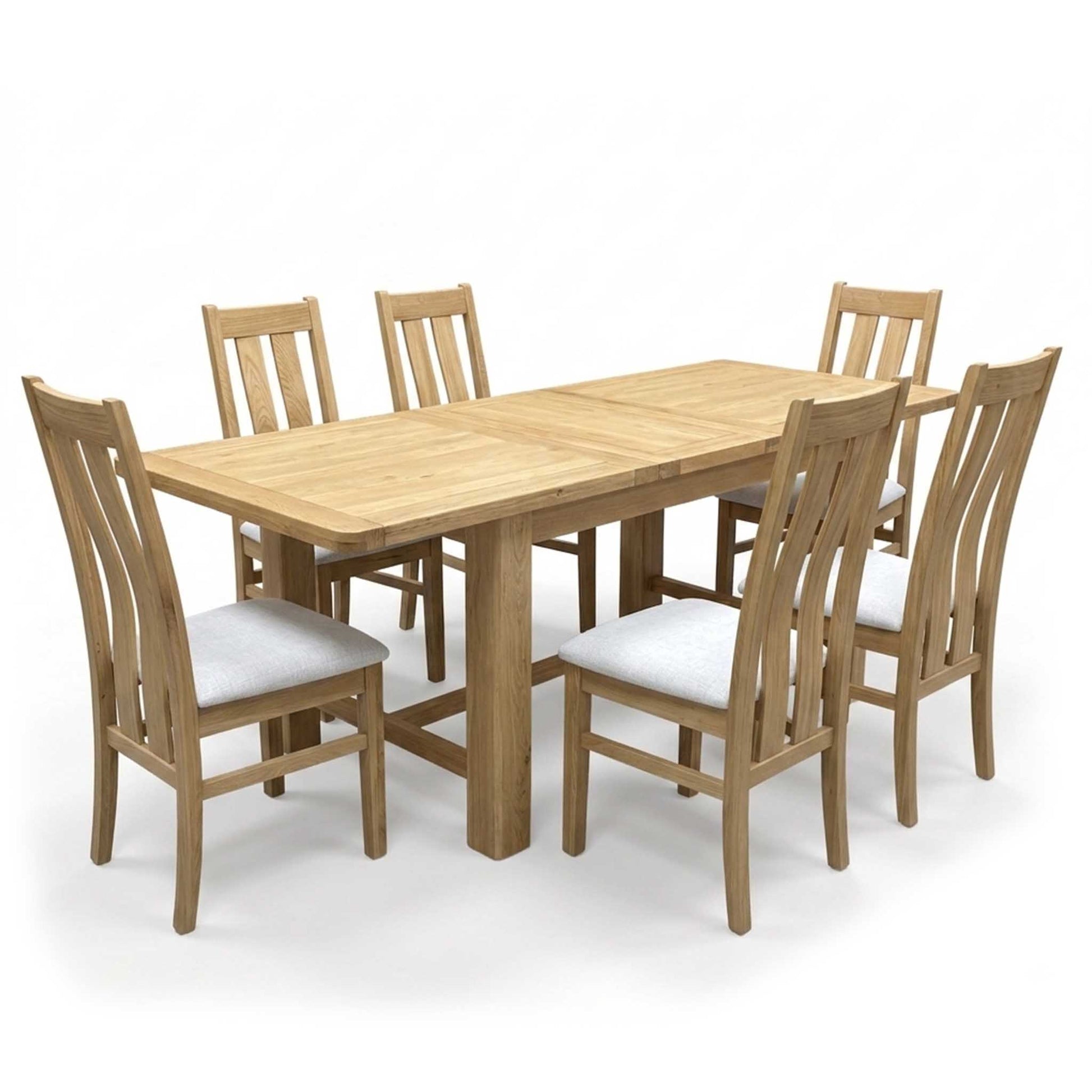 Furnitureland ‘Augusta’ Solid Oak Large 220cm Rectangular Extending Dining Table with Clay Fabric Set of 6 Wooden Slatted Back Chairs Furniture Village