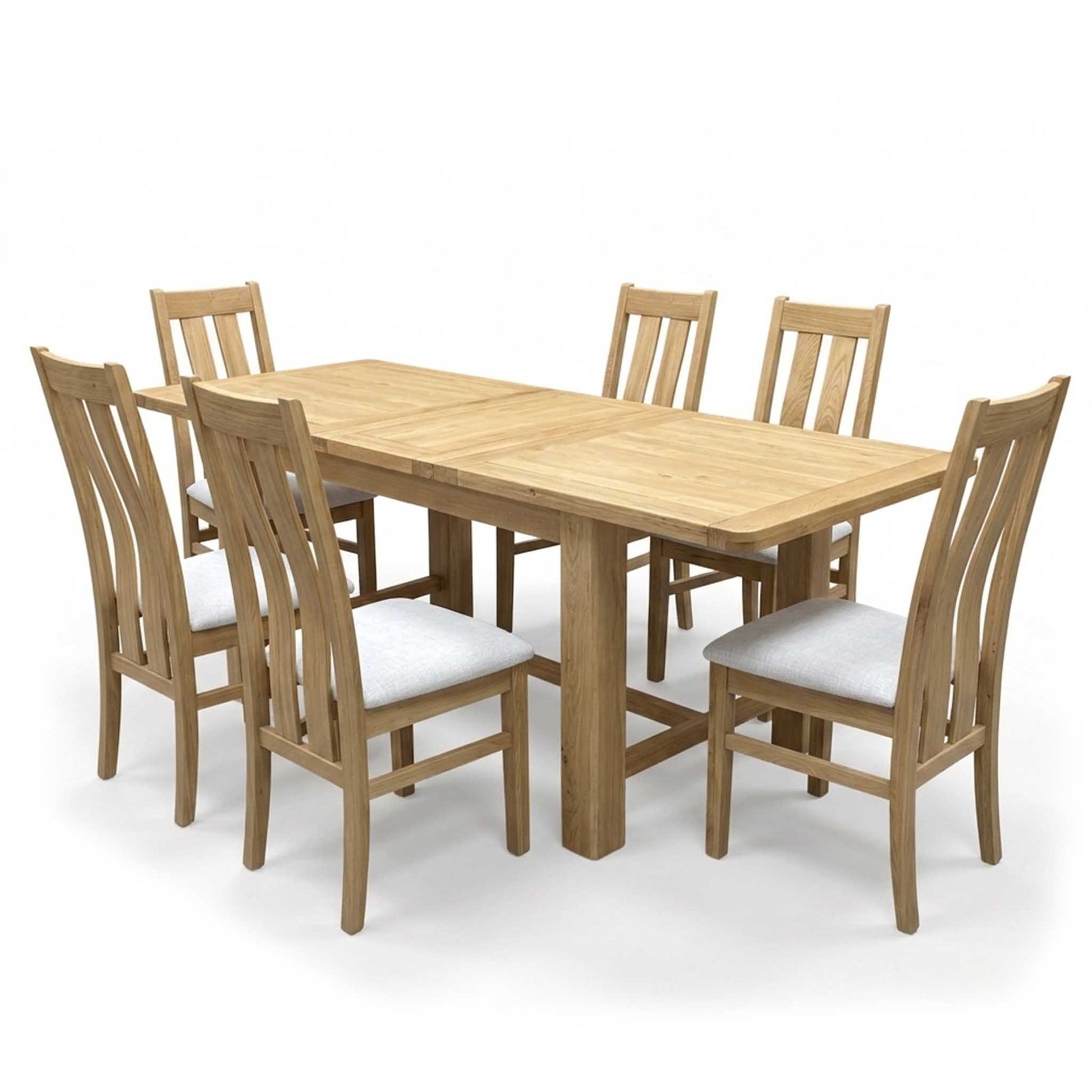 Furnitureland ‘Augusta’ Solid Oak Large 220cm Rectangular Extending Dining Table with Clay Fabric Set of 6 Wooden Slatted Back Chairs Furniture Village