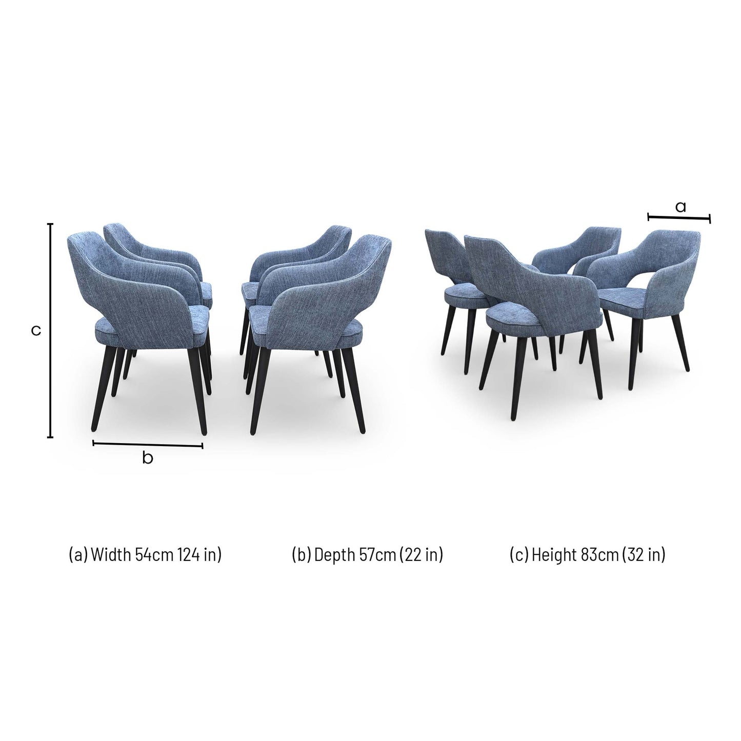 Dimensions for the Furniture Village ‘Manu’ Navy Blue Fabric Fixed Dining Chairs.