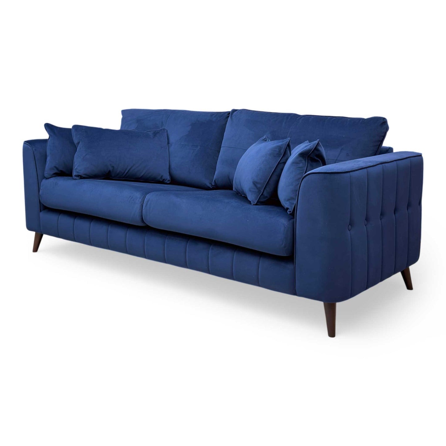 Perspective view of the ‘Remy’ sofa, emphasizing the clean back style, comfortable medium-firm cushions, and stylish wooden legs.