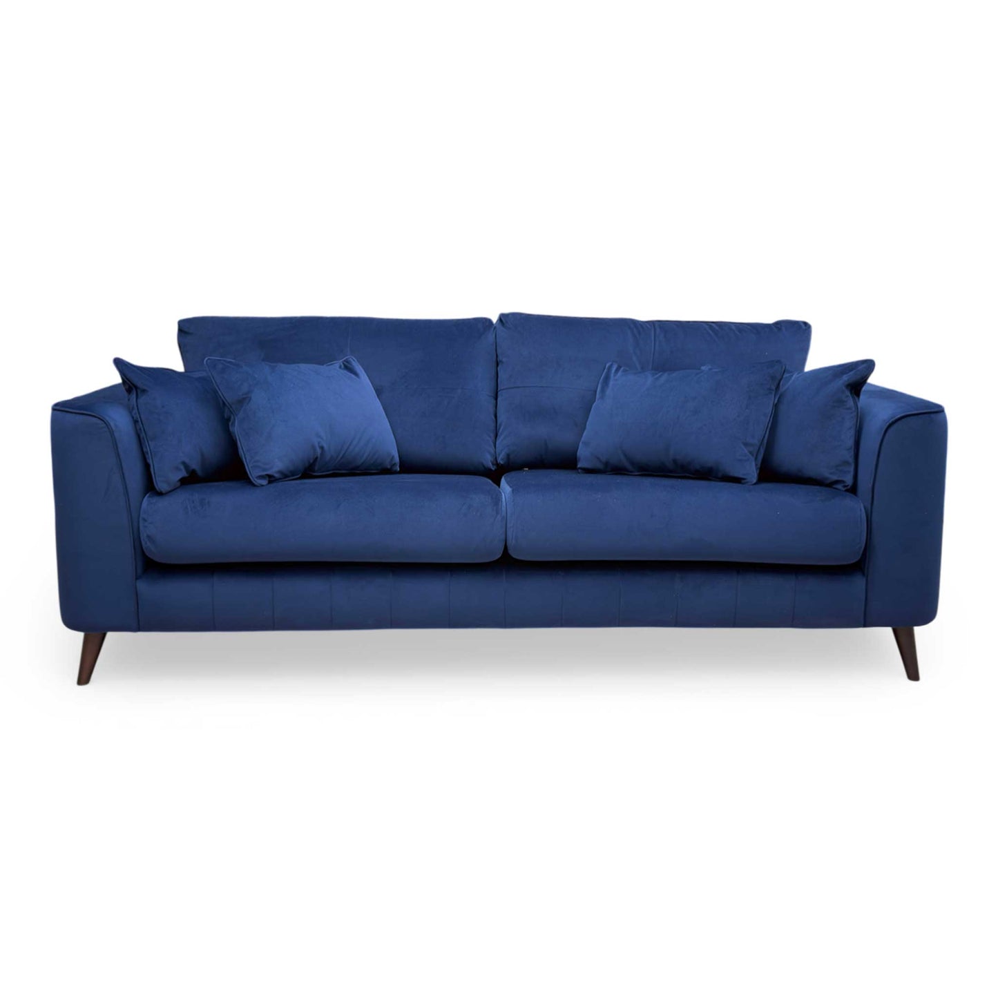 Full front view of the Sofology ‘Remy’ 4 Seater Sofa in vibrant Royal Blue Super Matt Velvet, featuring a sleek mid-century modern design.