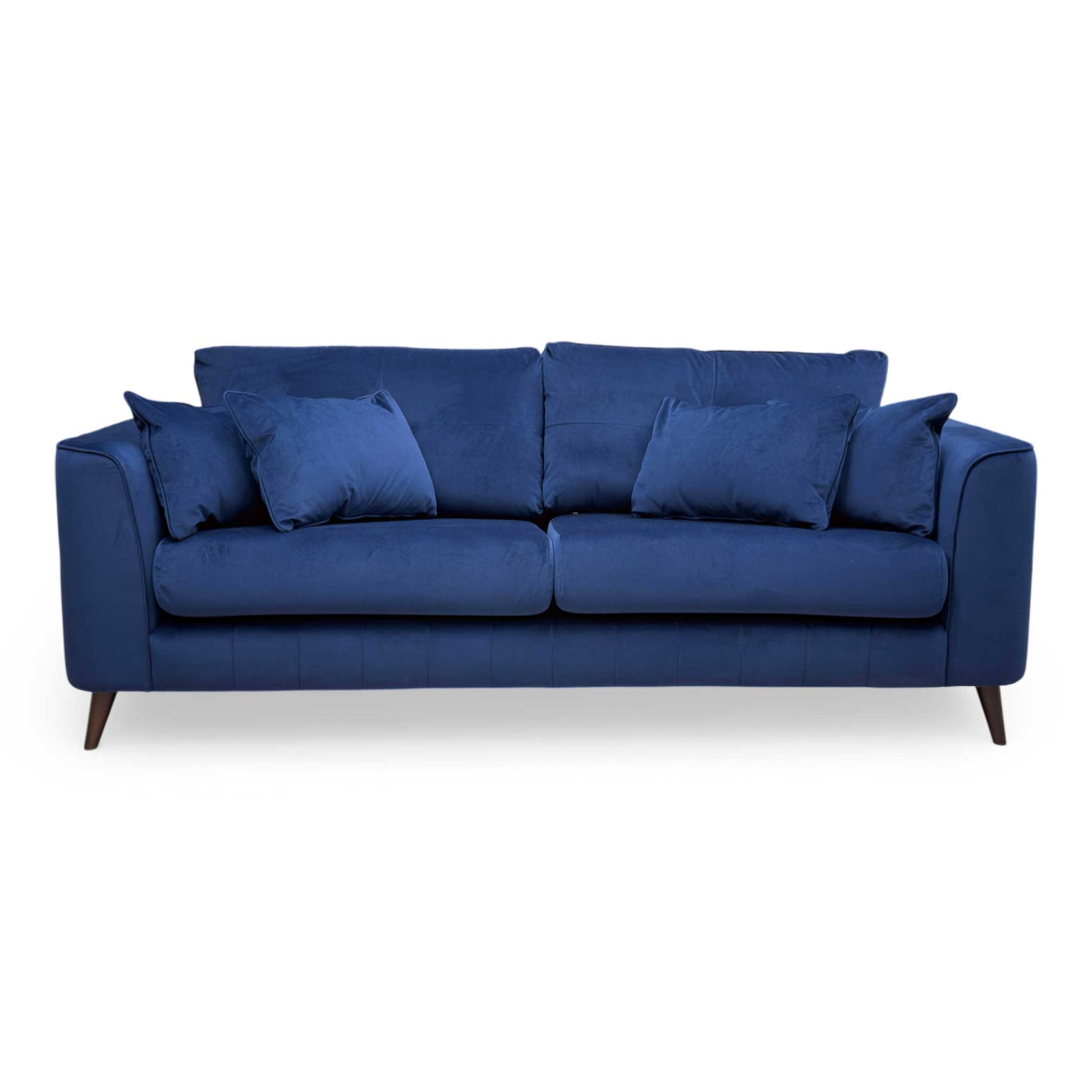 Full front view of the Sofology ‘Remy’ 4 Seater Sofa in vibrant Royal Blue Super Matt Velvet, featuring a sleek mid-century modern design.