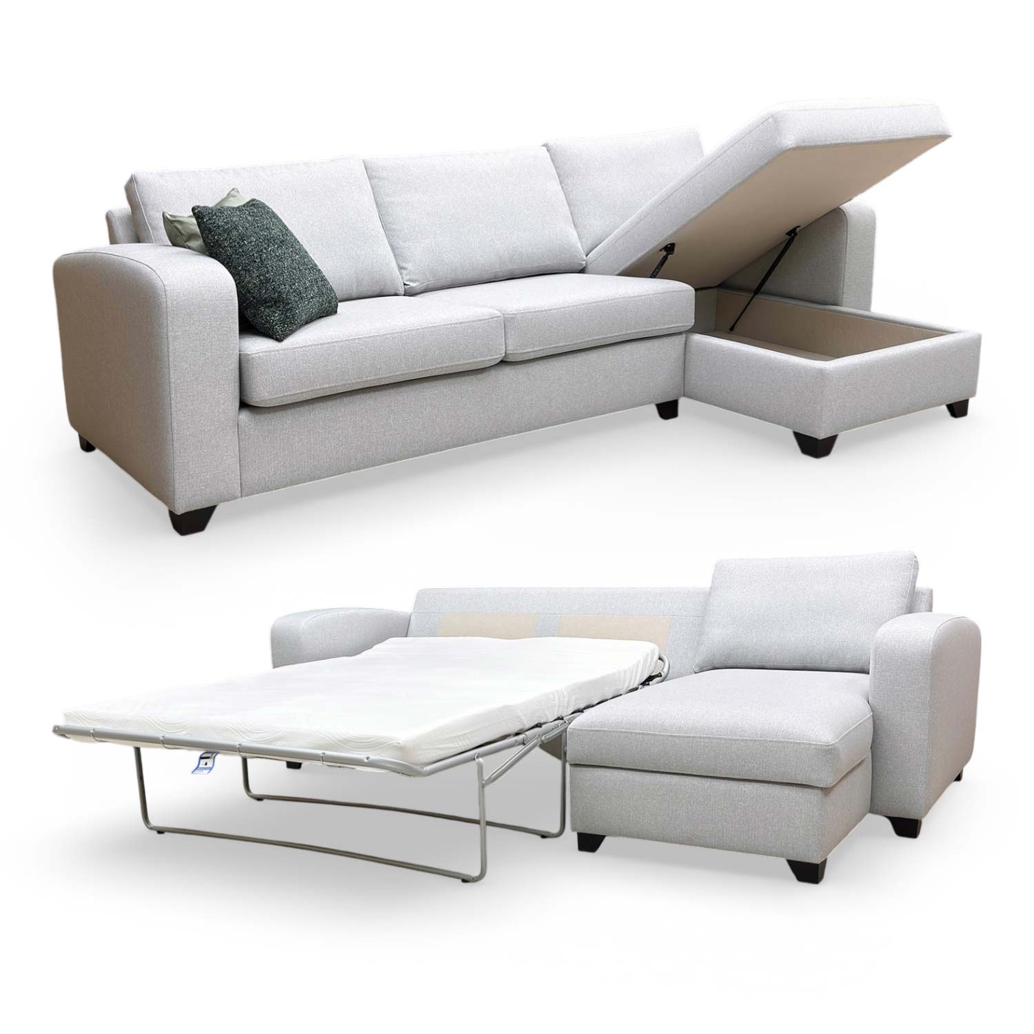 Front view of the DFS ‘Layla’ 3 Seater Supreme Sofa Bed in Silver plain fabric, featuring a right-hand facing storage chaise end.