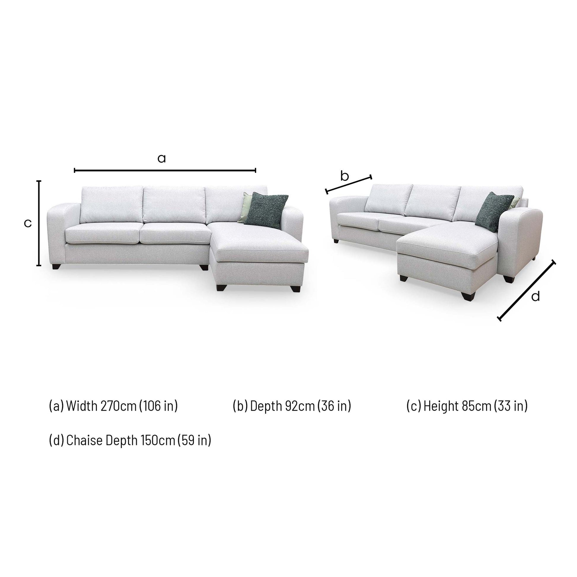 Dimensions for the DFS ‘Layla’ Silver Plain Fabric Right Hand Facing Storage Chaise End 3 Seater Supreme Sofa Bed.