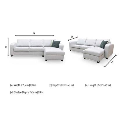 Dimensions for the DFS ‘Layla’ Silver Plain Fabric Right Hand Facing Storage Chaise End 3 Seater Supreme Sofa Bed.