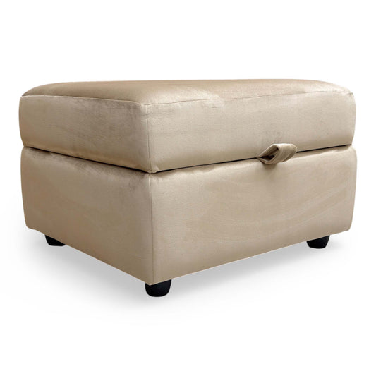 Full view of the DFS ‘Dawson’ Storage Footstool in elegant Mink velvet, featuring a sleek square design with a plush cushioned top.