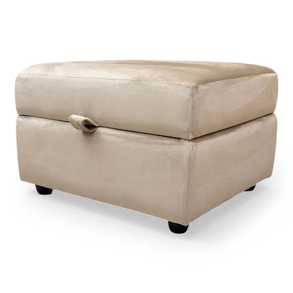 View of the footstool with the storage lid open, demonstrating the practical space for tidying away blankets, pillows, or living room essentials.