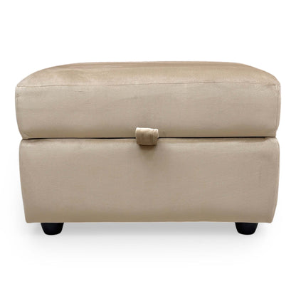 Front view of the DFS ‘Dawson’ Storage Footstool in elegant Mink velvet, featuring a sleek square design with a plush cushioned top.