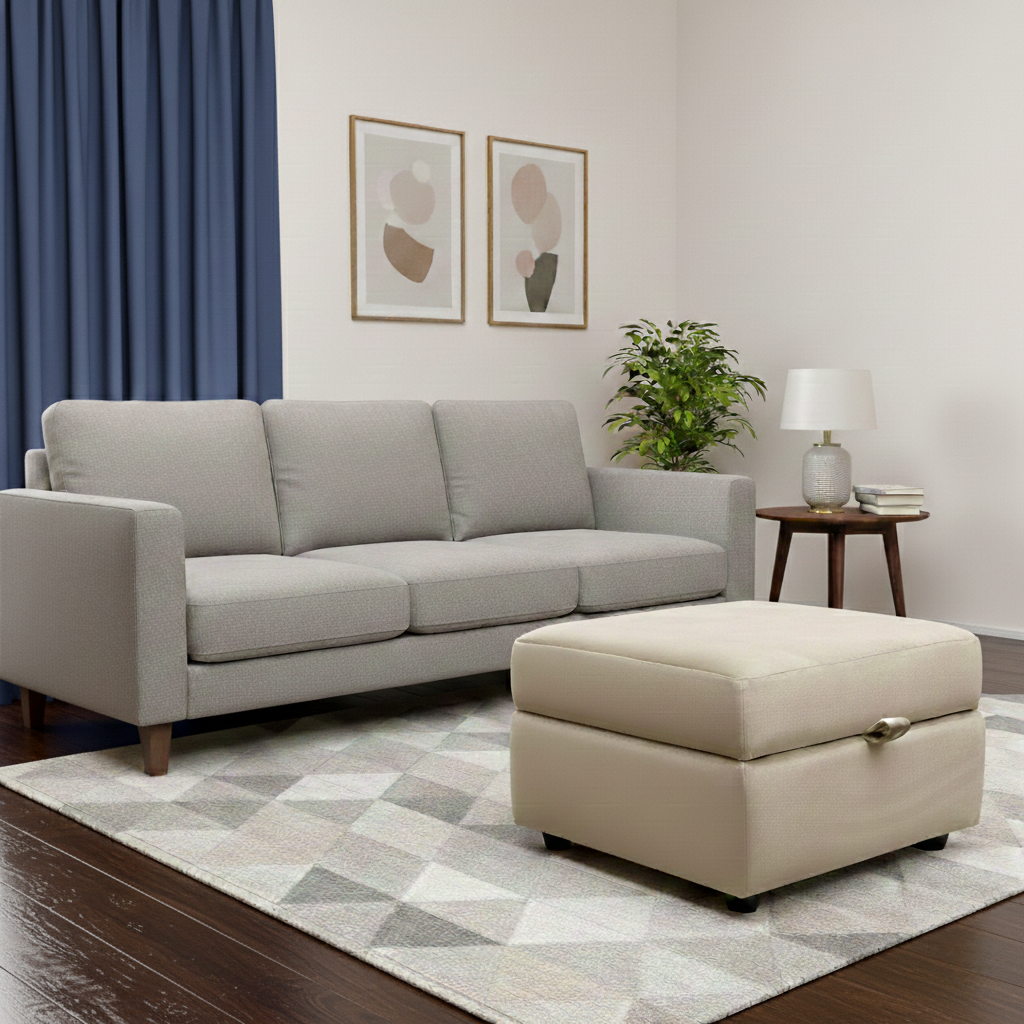 Living room of the DFS ‘Dawson’ Mink Velvet Storage Footstool, highlighting its internal storage compartment and soft-touch upholstery.