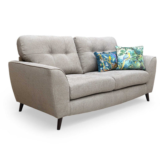 Front view of the DFS ‘Dawson’ 3 Seater Sofa in Mink plain woven fabric, featuring a clean, contemporary design with plush back cushions.