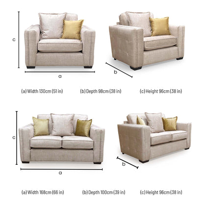 Chelsea dimensions: snuggler width 130cm, depth 98cm; 2 seater sofa width 168cm, depth 100cm; both 96cm high
