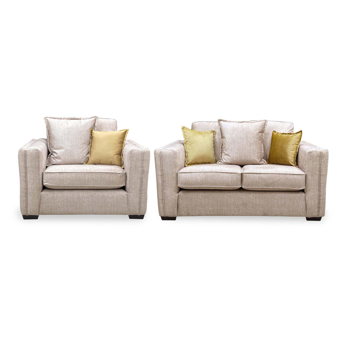 Front view of the Chelsea beige velvet snuggler chair and 2 seater sofa with formal back cushions