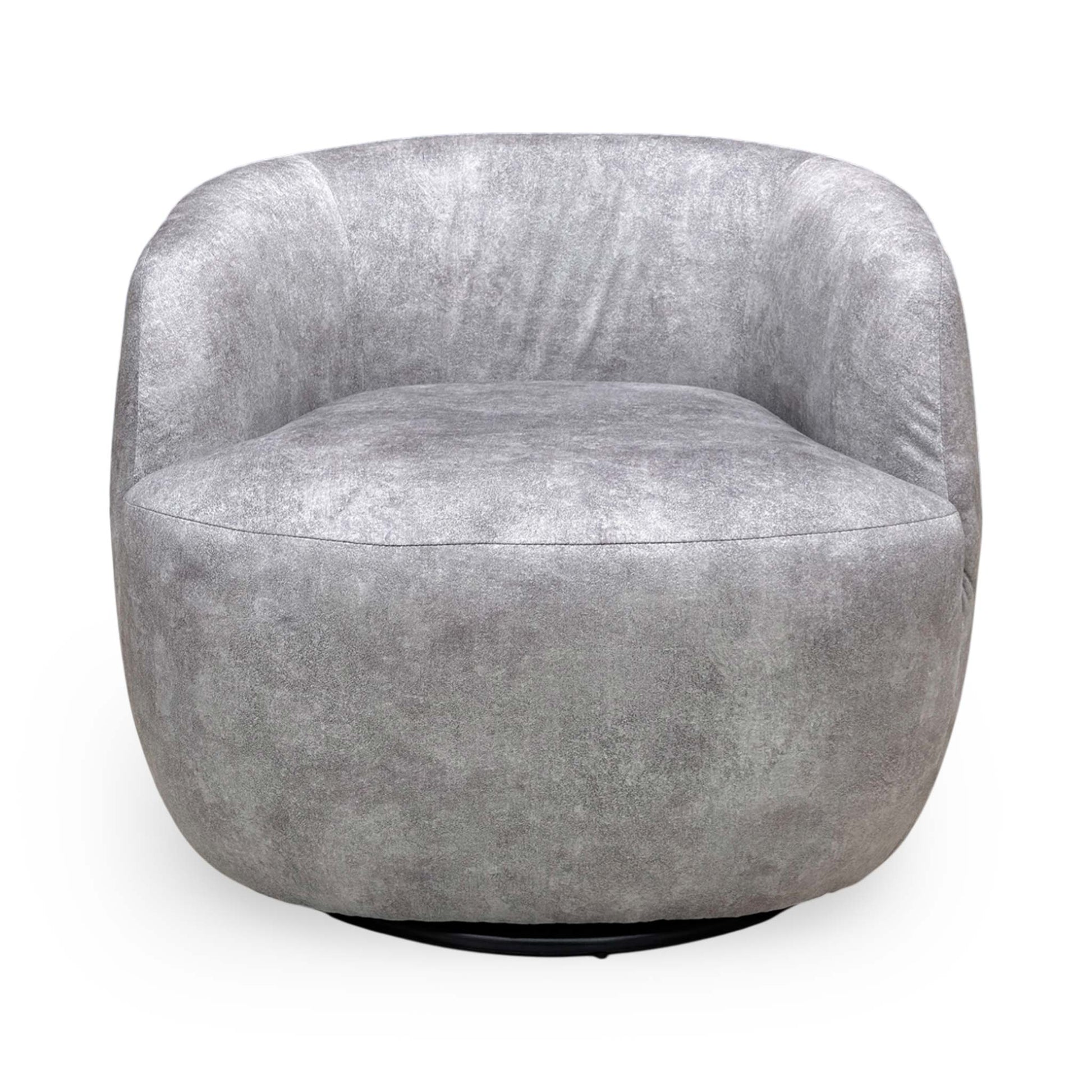 Front view of the ‘Terry’ Swivel Accent Chair in luxurious Infinity Silver velvet, featuring a contemporary tub-style design with a smooth rounded back.